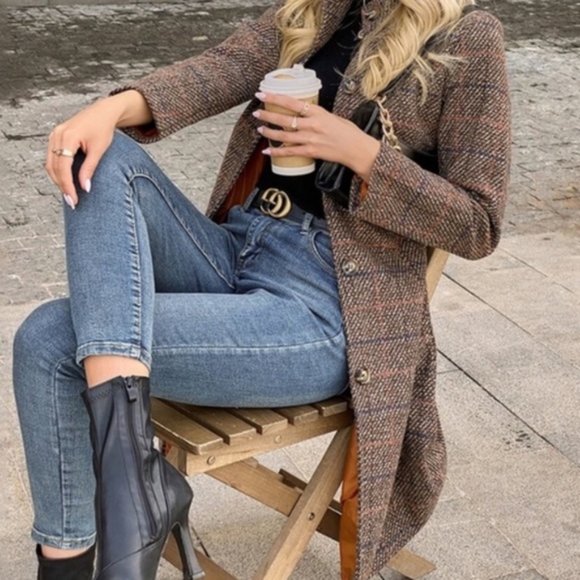 Jackets & Blazers - Tweed plaid brown casual trench coat jacket
